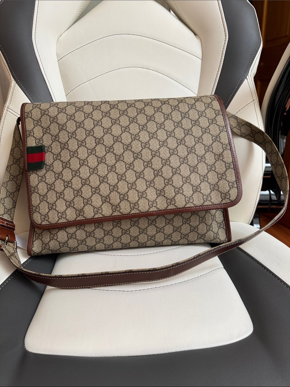Gucci Beige GG Canvas Messenger Bag with Green-Red Web Tab